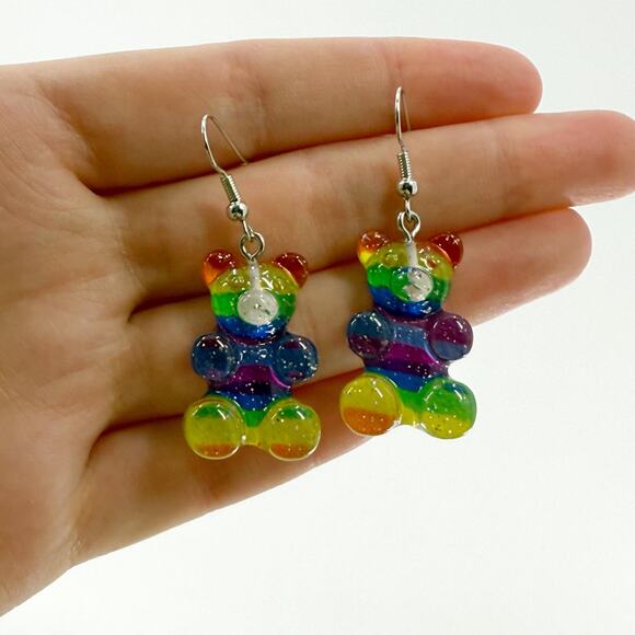 Glitter Rainbow Gummy Bear Earrings, Gummy Bear Inspired Dangle Earrings - Picture 4 of 4
